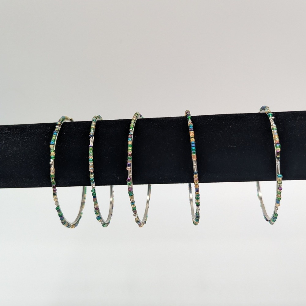 Set of 5 Silver Tone Beaded Bangle Bracelets Green Blue Purple Gold Stackable‎
